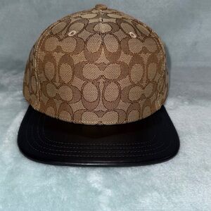 Coach Men’s Khaki Signature Canvas Hat with Black Leather Brim